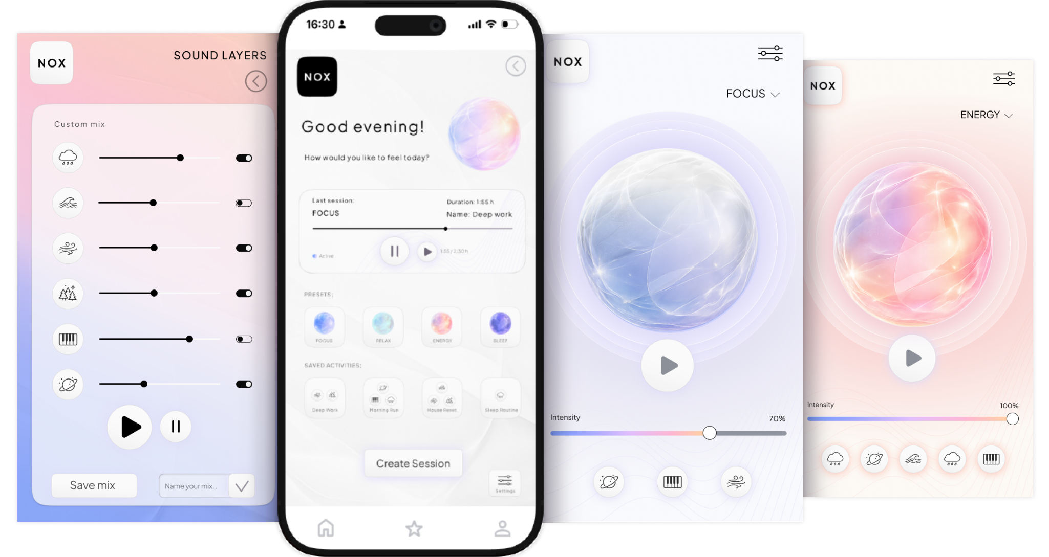 NOX mobile app screens – preset modes across devices