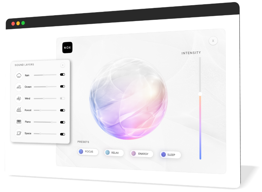 NOX studio interface – sound layers panel and sphere