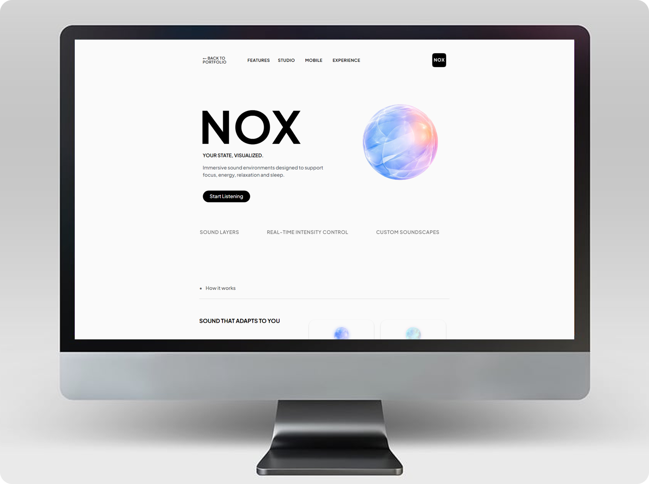 NOX app desktop mockup – immersive audio experience concept