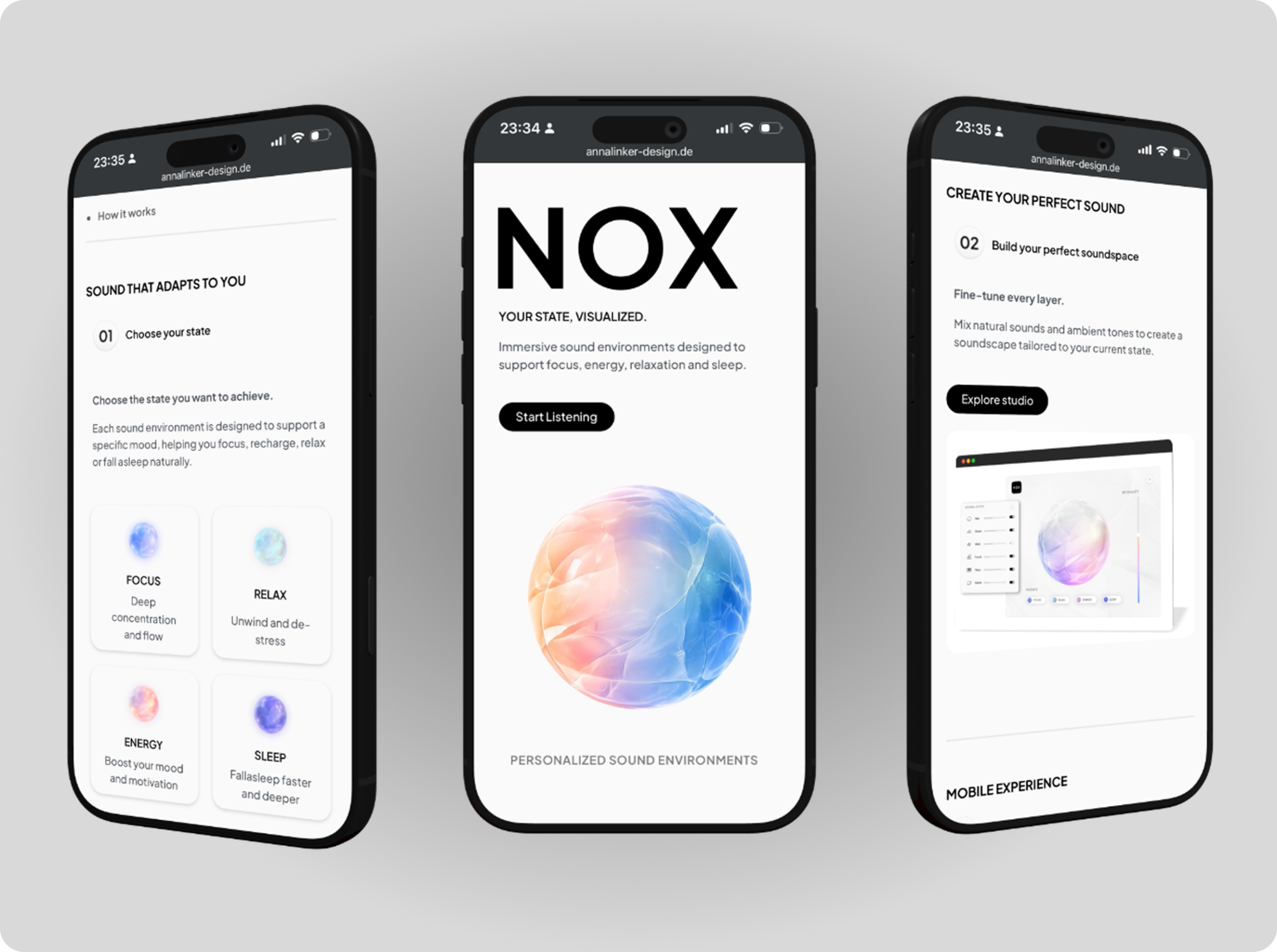 NOX app mobile mockup – preset modes and sphere interface